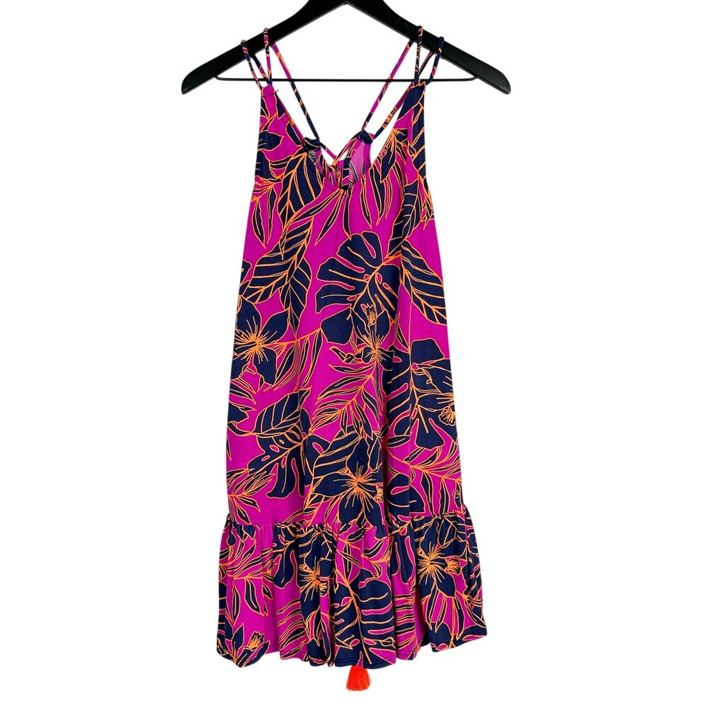 Maaji Swim Cover Up Lace-Up Mini Dress Nylon Pink Navy Blue Tropical - S